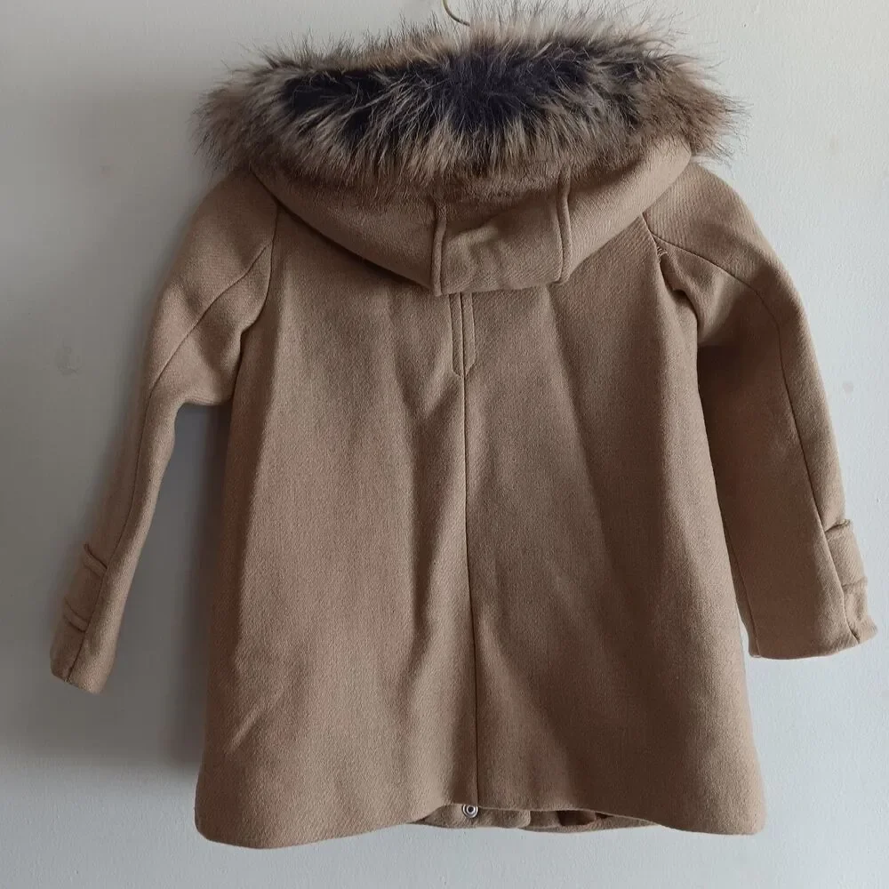 Zara‎ beige wool blend hooded coat outwear pockets zip up fur size 7 cozy